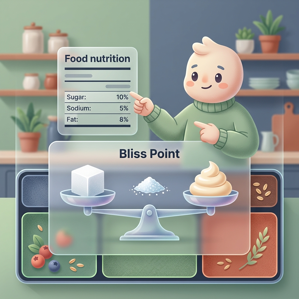 Illustration of the Bliss Point: Sugar, Salt, and Fat perfectly balanced on a scale with Souro guiding the user.